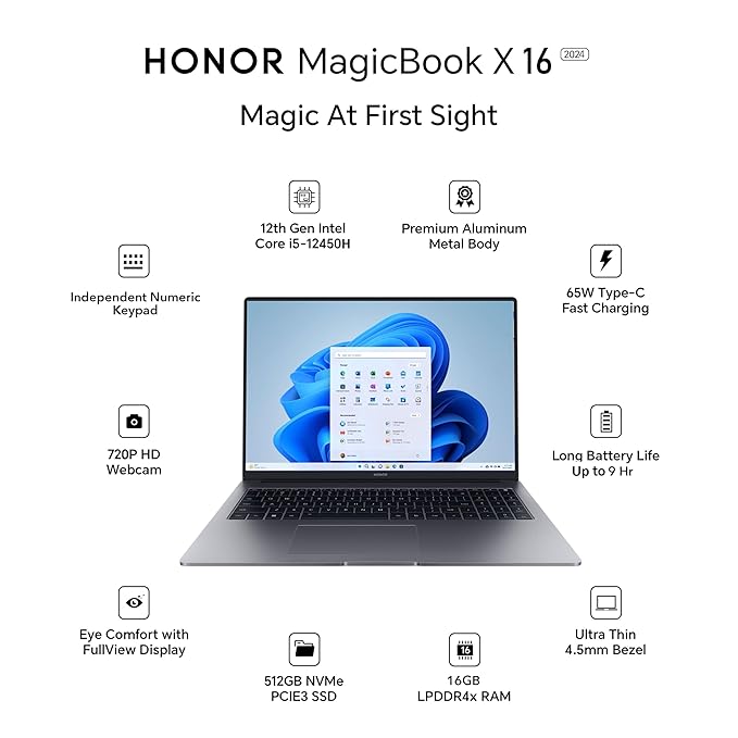 HONOR MagicBook X16 (2024), 12th Gen Intel Core i5-12450H, 16-inch (40.64 cm) FHD IPS Anti-Glare Thin and Light Laptop (16GB/512GB PCIe SSD/Windows 11/ Full-Size Numeric Keyboard /1.68Kg), Gray