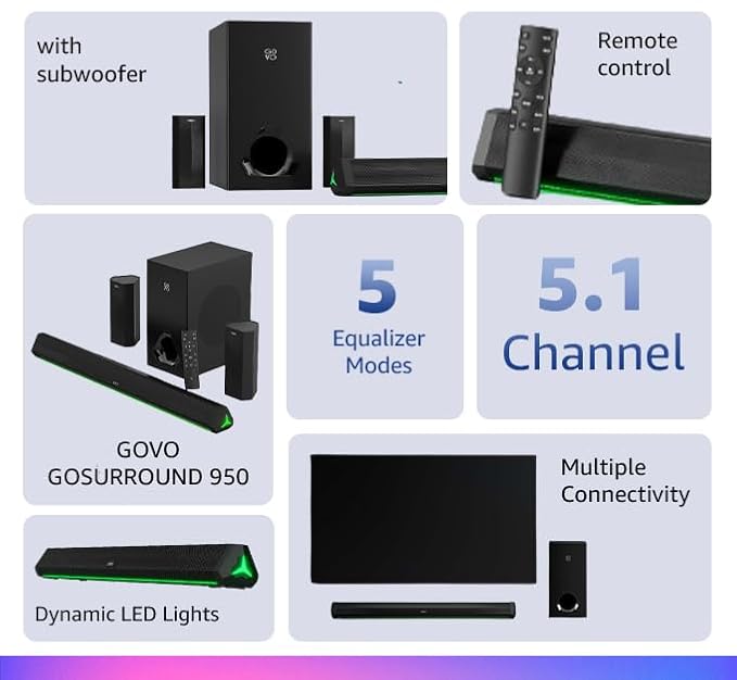 GOVO GOSURROUND 950 | 280W Sound bar | 5.1 Channel Home Theatre with 6.5" subwoofer | Dual Rear Satellites, HDMI, AUX, USB & Bluetooth, 5 Equalizer Modes, Stylish Remote & LED Display (Platinum Black)