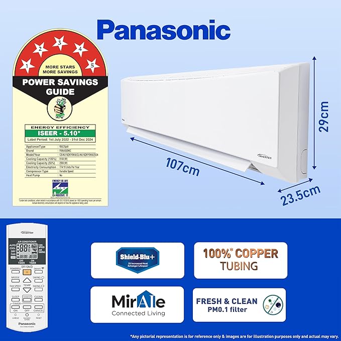 Panasonic 1.5 Ton 5 Star Wi-Fi Inverter Smart Split AC (Copper Condenser, 7in1 Convertible, True AI, 4 Way Swing, PM 0.1 Filter, CS/CU-NU18ZKY5WA, 2024 Model, White)