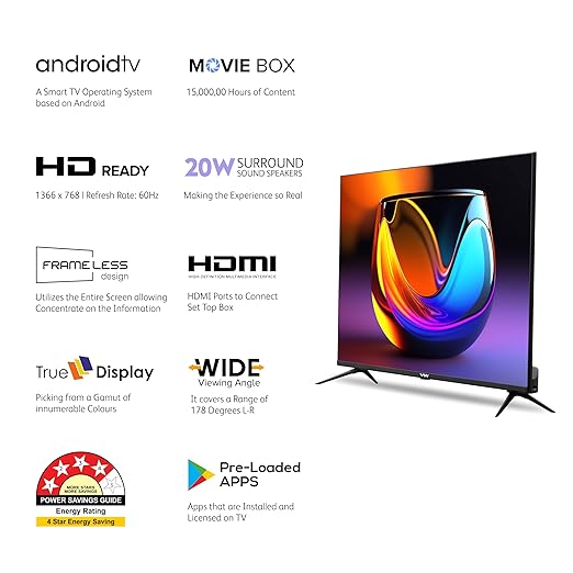  Roll over image to zoom in VW 80 cm (32 inches) Frameless Series HD Ready Android Smart LED TV VW32S (Black)