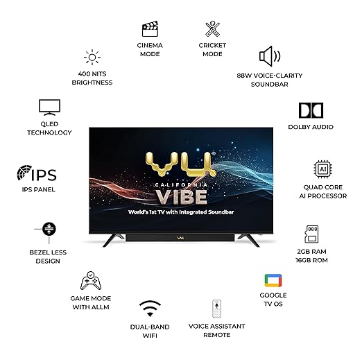Vu 139cm (55 inches) Vibe Series QLED 4K Google TV 55VIBE24 (Black)