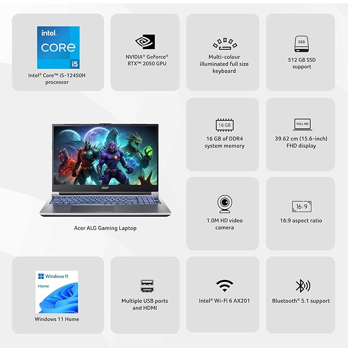 Acer ALG Gaming Laptop 12th Gen Intel Core i5 Processor (16GB RAM/512GB SSD/4GB RTX2050/60Hz/Windows11Home/Wifi 6) AL15G-52, 39.62cm (15.6") Full HD, Premium Metal Body, Steel Gray, 1.99KG