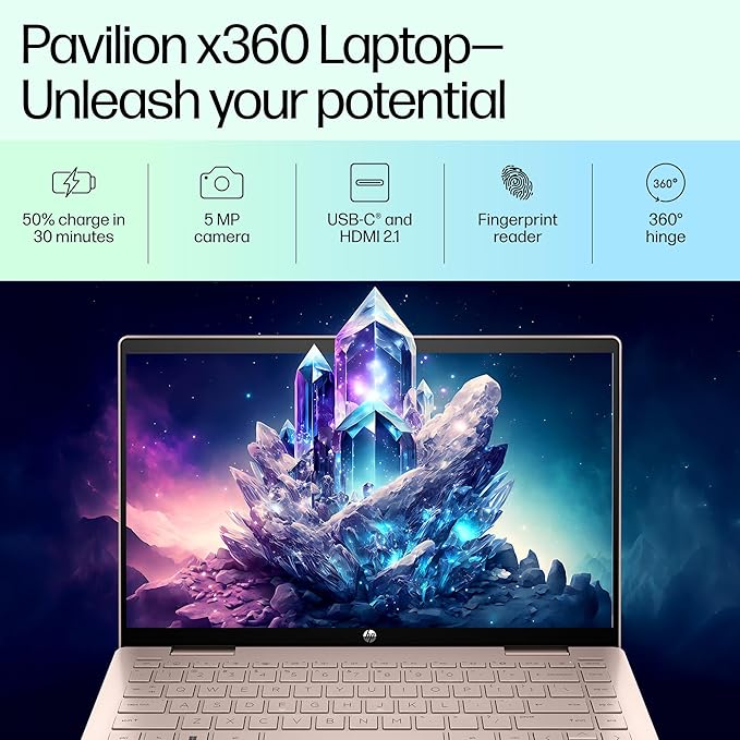 HP Pavilion x360, 13th Gen Intel Core i7-1355U, 14-inch (35.6 cm), FHD, Touchscreen, 16GB DDR4, 512GB SSD, FPR, 5 MP Camera, Backlit KB, Audio by B&O, Pen (Win 11, MSO 2021, Gold, 1.51 kg), ek1020TU