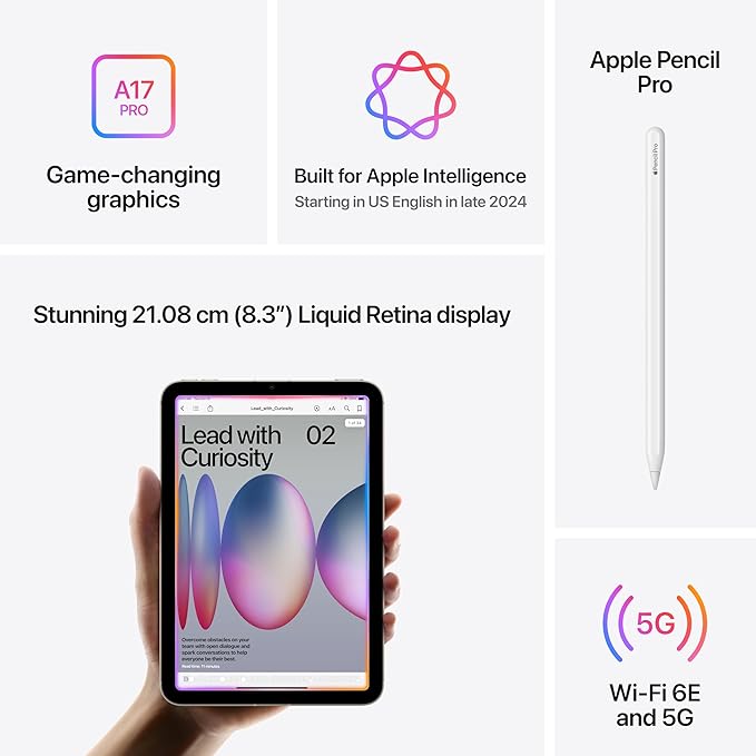 Apple iPad Mini (A17 Pro): Apple Intelligence, 21.08 cm (8.3″) Liquid Retina Display, 128GB, Wi-Fi 6E + 5G Cellular, 12MP Front/12MP Back Camera, Touch ID, All-Day Battery Life — Space Grey