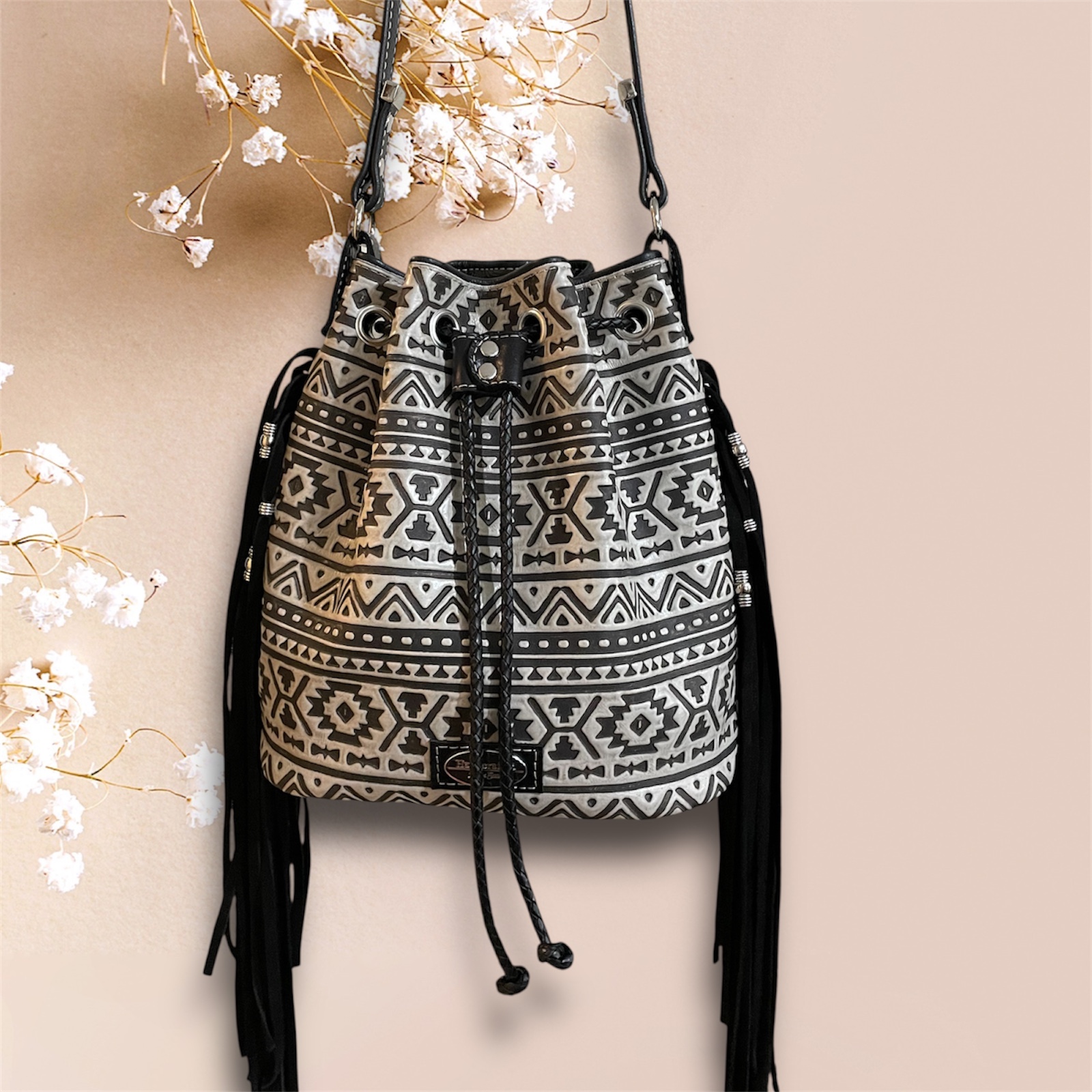 Embossed Leather Bucket Bag