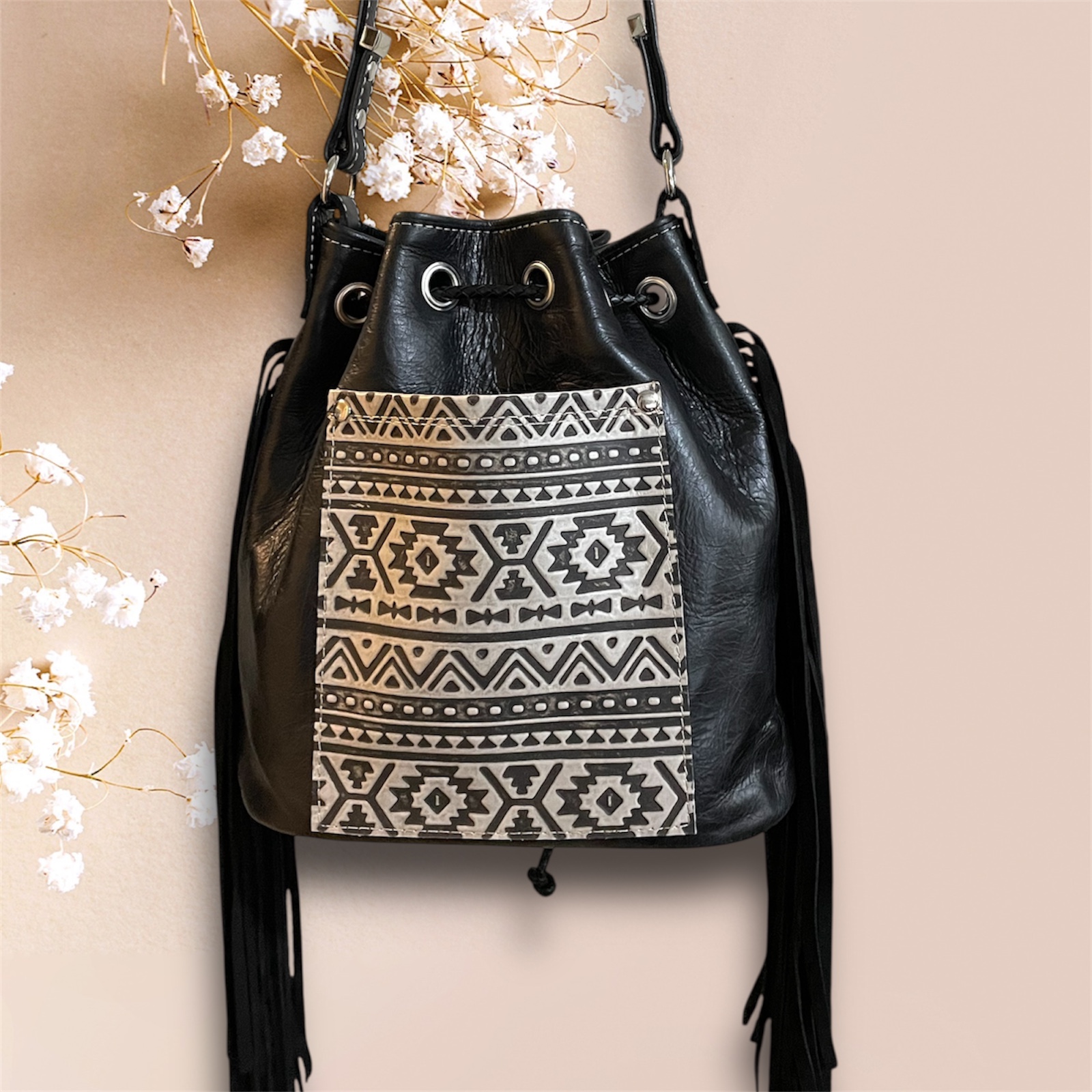 Embossed Leather Bucket Bag