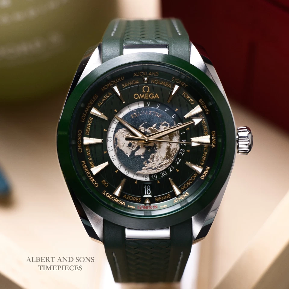 Omega Seamaster Aqua Terra Worldtimer Green Ceramic Moonshine Gold GMT 43MM Box+Papers