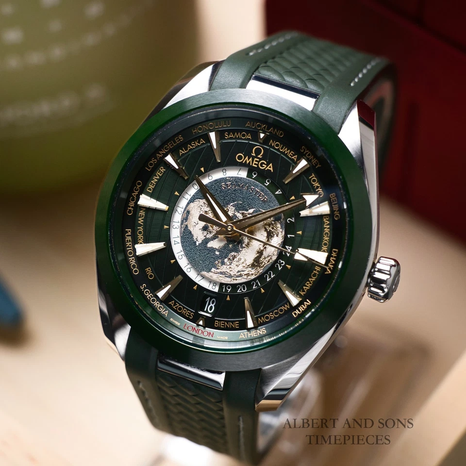 Omega Seamaster Aqua Terra Worldtimer Green Ceramic Moonshine Gold GMT 43MM Box+Papers