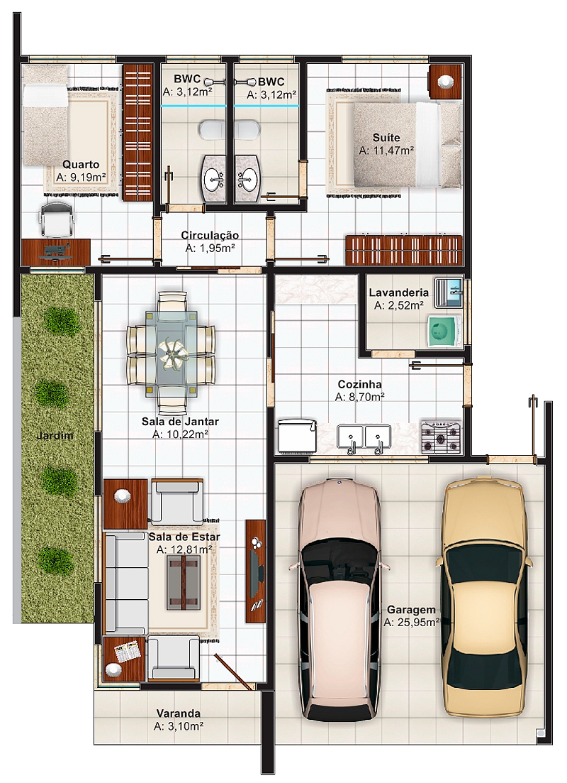 Casa Térrea de Alvenaria - Projeto Ayla (104,10 m²)