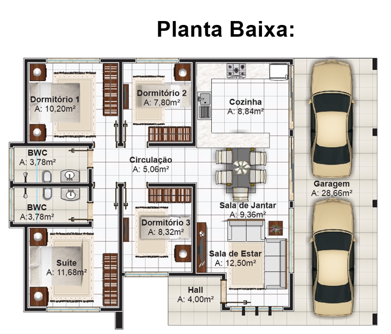 Casa Térrea de Alvenaria - Projeto Milena (131,62 m²)