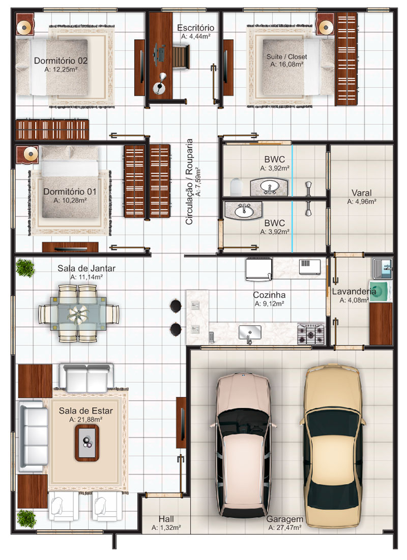 Casa Térrea de Alvenaria - Projeto Sophia (144,71 m²)