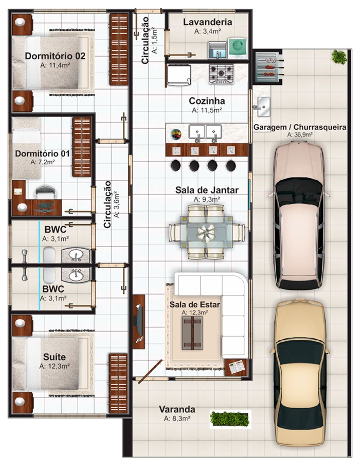 Casa Térrea de Alvenaria - Projeto Isabella (134,00 m²)