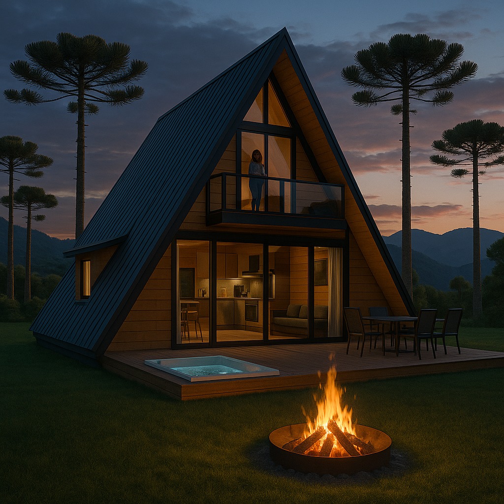 Chalé A-FRAME 55 metros quadrados, Com um dormitório no pavimento superior