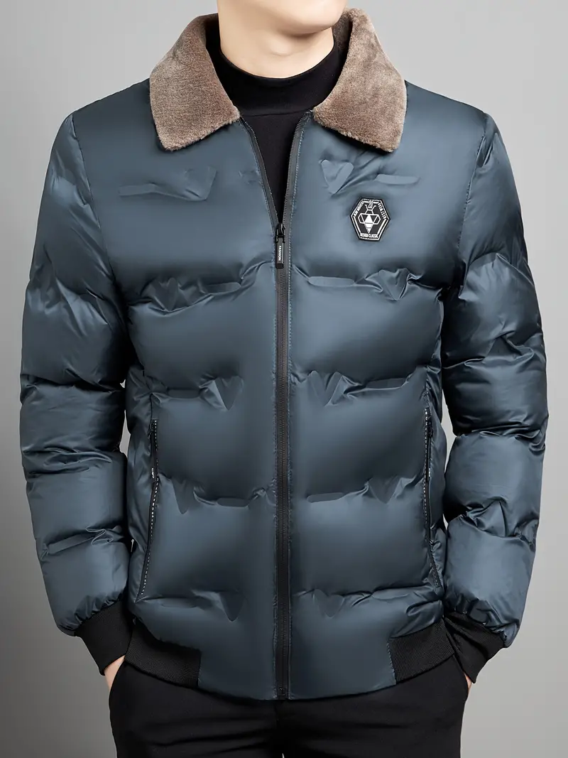Men's Casual Lightweight Down Jacket With Pockets, Full Zip Padded Jacket With Faux Fur Collar