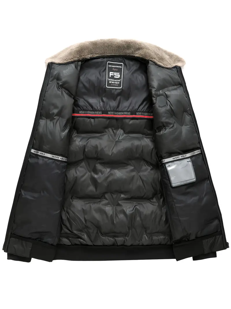 Men's Casual Lightweight Down Jacket With Pockets, Full Zip Padded Jacket With Faux Fur Collar