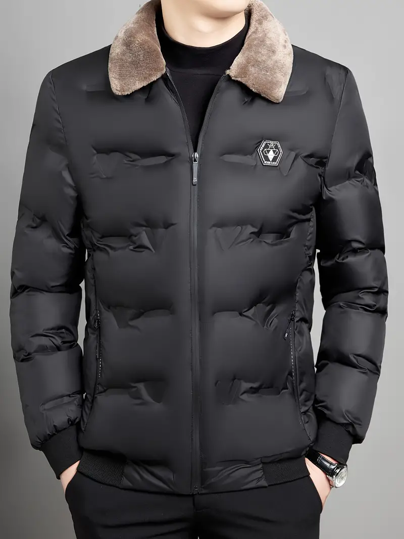 Men's Casual Lightweight Down Jacket With Pockets, Full Zip Padded Jacket With Faux Fur Collar
