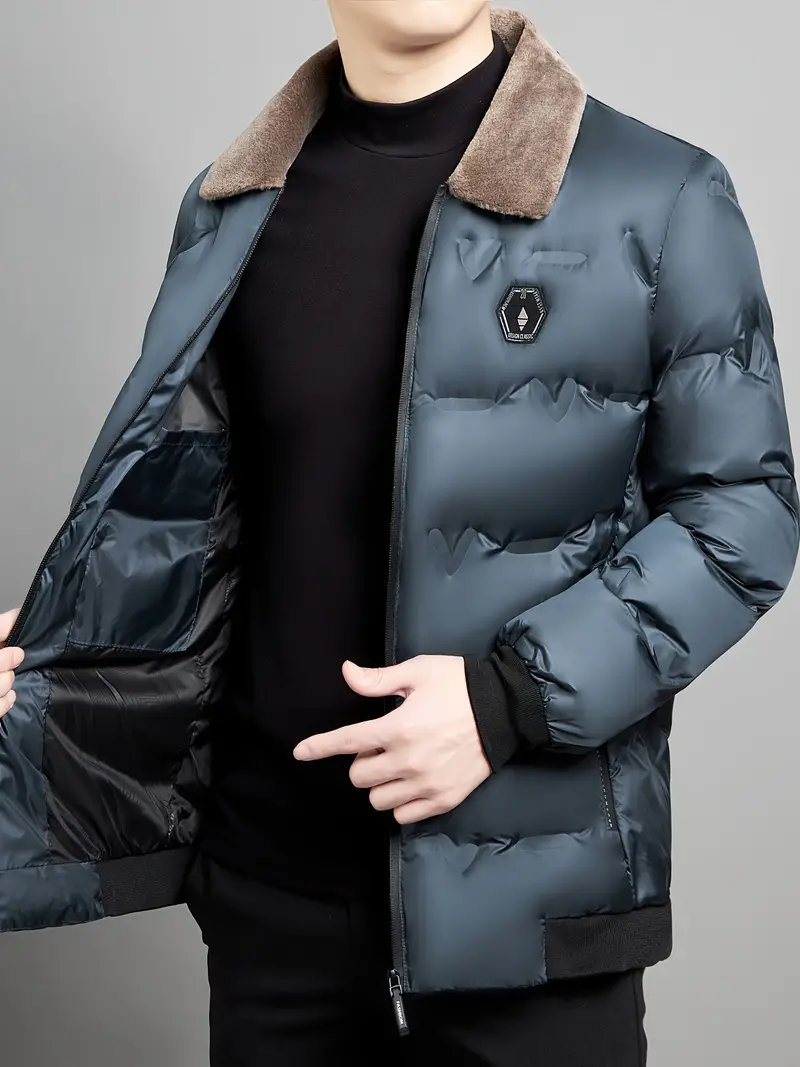 Men's Casual Lightweight Down Jacket With Pockets, Full Zip Padded Jacket With Faux Fur Collar