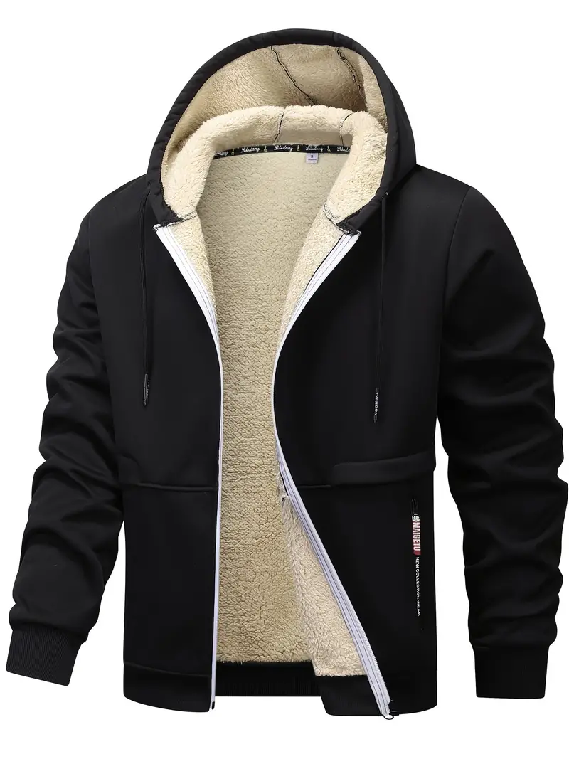 Men's Fleece-Lined Hooded Jacket - Casual, Stretchy & Breathable Zip-Up Coat for Fall/Winter Outdoor Activities, for Winter, Autumn