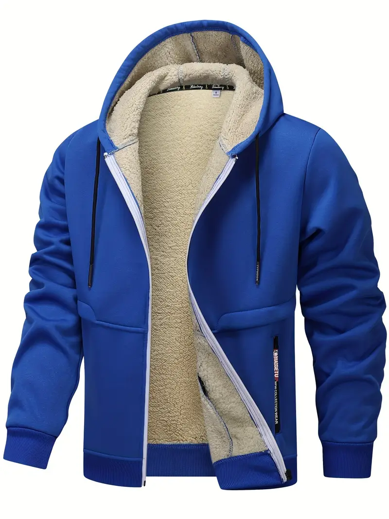 Men's Fleece-Lined Hooded Jacket - Casual, Stretchy & Breathable Zip-Up Coat for Fall/Winter Outdoor Activities, for Winter, Autumn