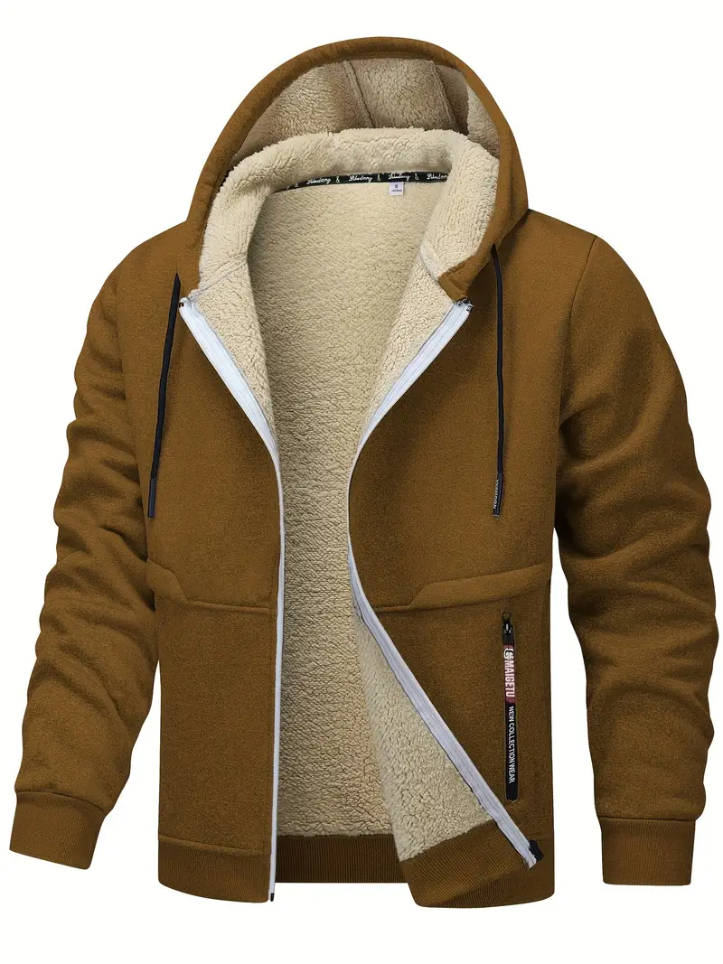 Men's Fleece-Lined Hooded Jacket - Casual, Stretchy & Breathable Zip-Up Coat for Fall/Winter Outdoor Activities, for Winter, Autumn