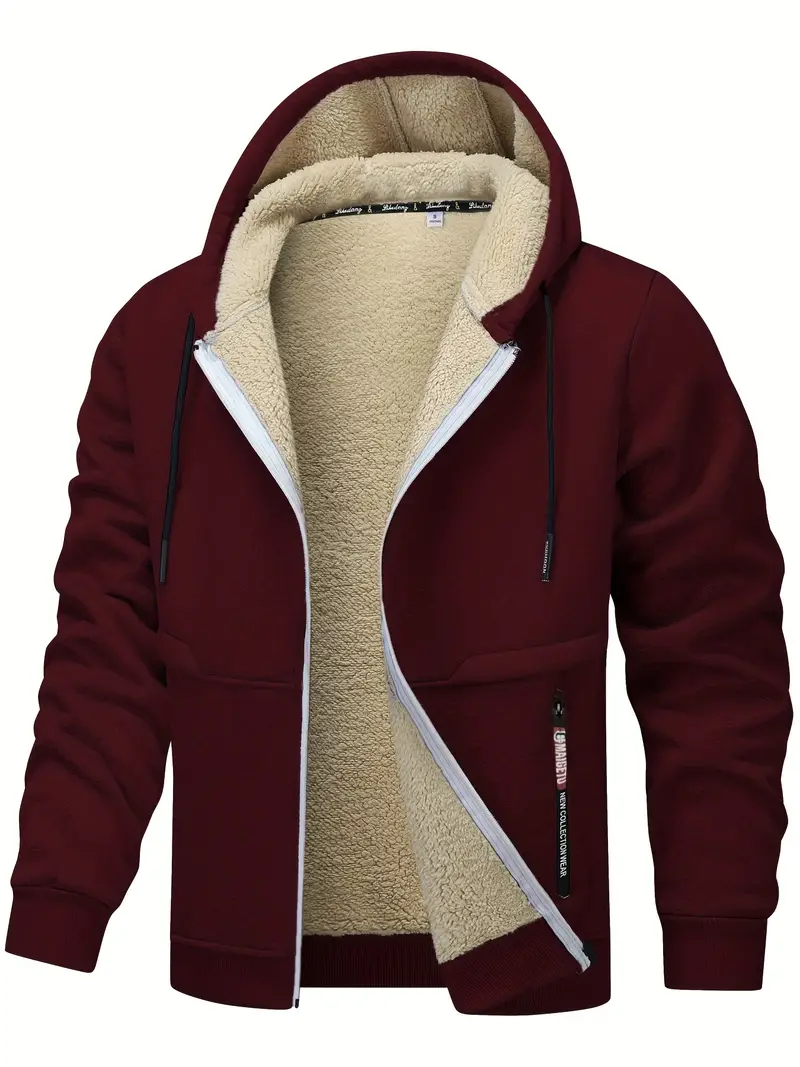 Men's Fleece-Lined Hooded Jacket - Casual, Stretchy & Breathable Zip-Up Coat for Fall/Winter Outdoor Activities, for Winter, Autumn