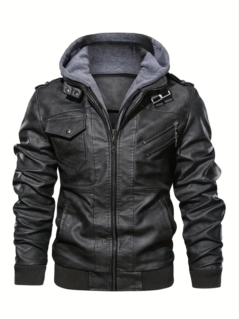 Premium PU Leather Mens Jacket - Fashion Hoodie, Multiple Pockets, Full Zip, Long Sleek Sleeves - Modern Casual Style
