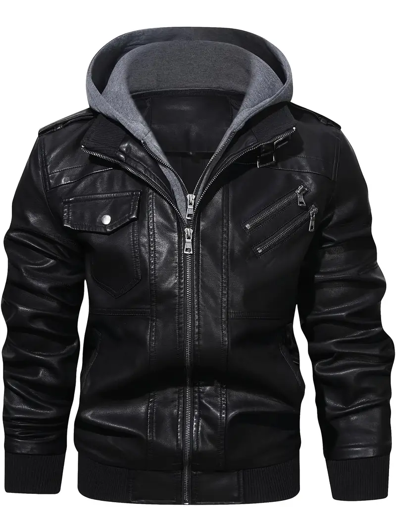 Premium PU Leather Mens Jacket - Fashion Hoodie, Multiple Pockets, Full Zip, Long Sleek Sleeves - Modern Casual Style