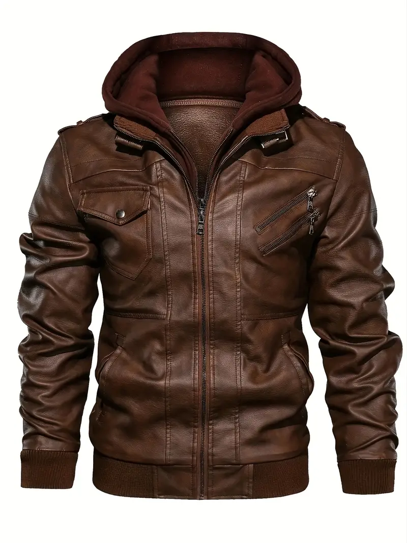 Premium PU Leather Mens Jacket - Fashion Hoodie, Multiple Pockets, Full Zip, Long Sleek Sleeves - Modern Casual Style