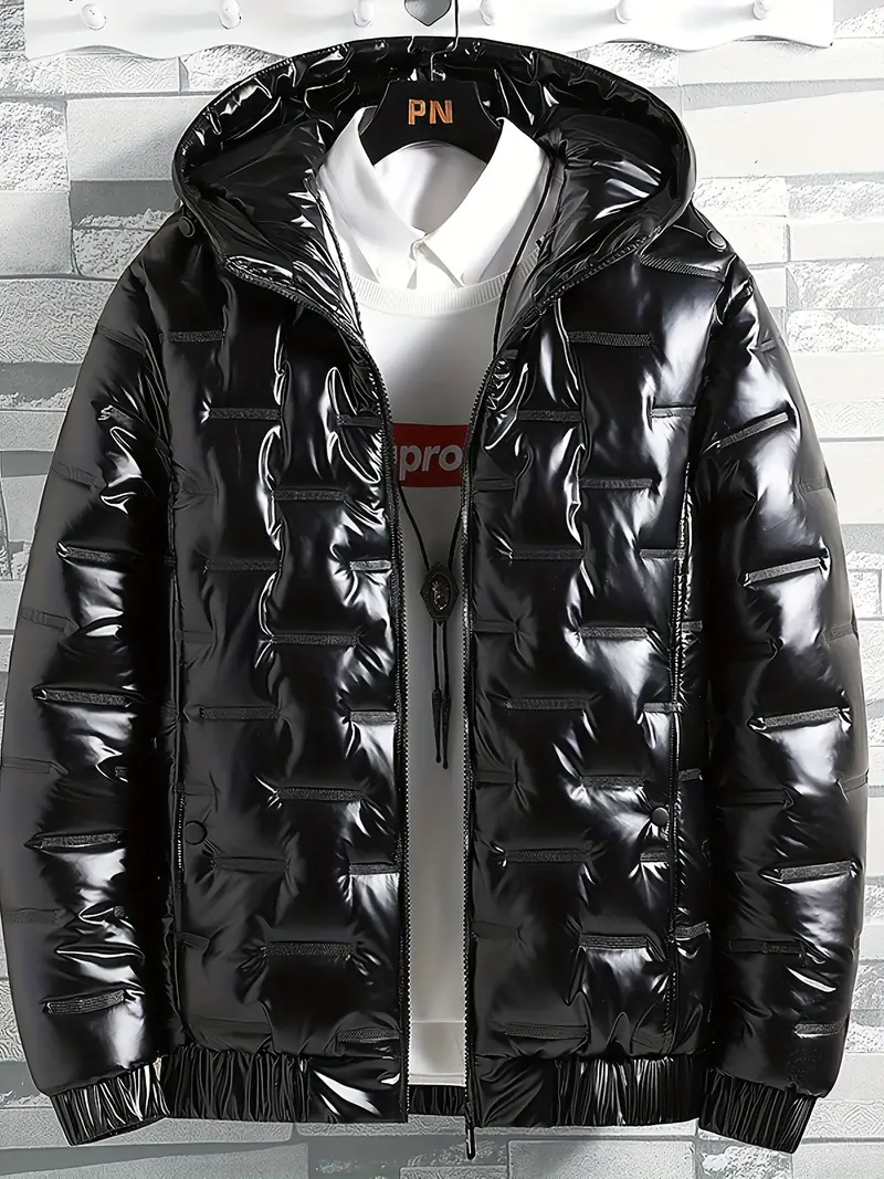 1pc Men'S Street Style Hooded Coat, Solid Color Windproof Warm Fashionable Comfortable, Long Sleeve Polyester with Filling, Slight Stretch Woven Fabric, Regular Fit with Zipper Placket