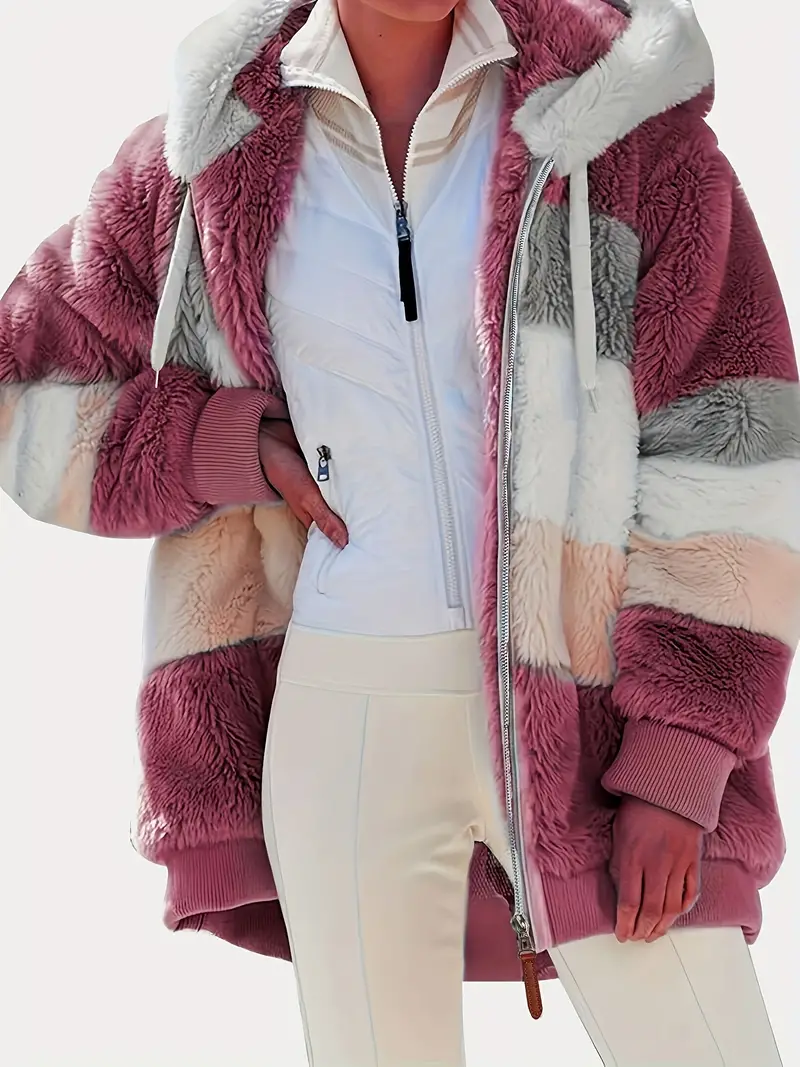 Ultra-Soft Color Block Fuzzy Hooded Coat - Stylish Winter Warm Outerwear with Full-Length Sleeves - Perfect for Casual Wear - Womens Clothing