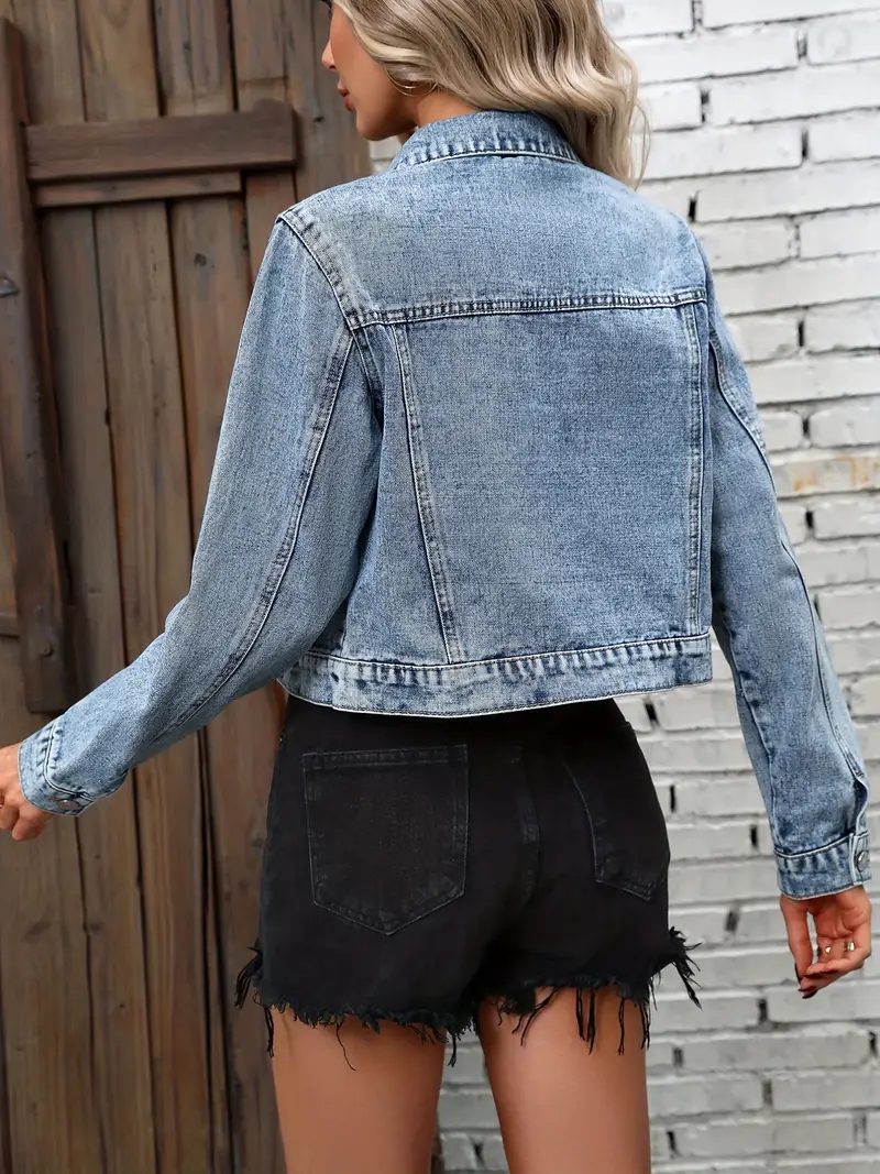Stylish Cropped Denim Jacket - Single-Breasted, Button Flap Pockets, Long Sleeves, Classic Lapel, Comfortable Women's Denim Clothing for Casual Daily Wear - Blue