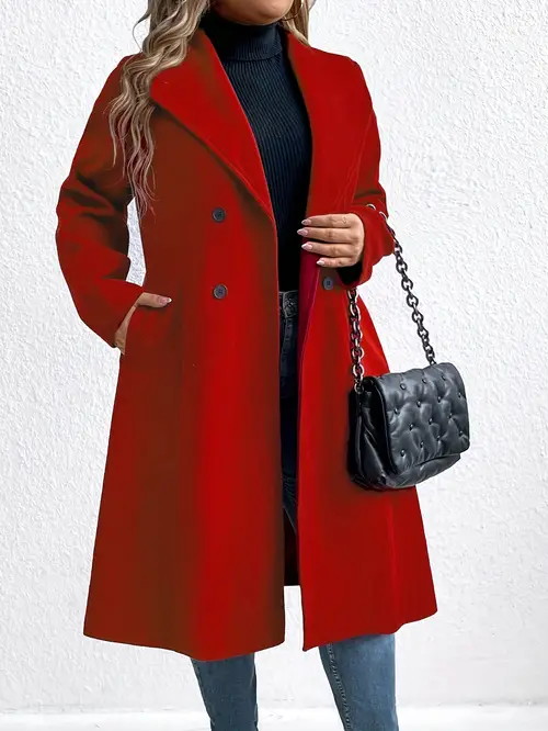 Stylish Double-Breasted Lapel Overcoat - Warm Winter & Fall Essential, Long Sleeve Casual Coat with Classic Design, Soft Fabric, and Comfortable Fit - Women's Clothing for Everyday Wear