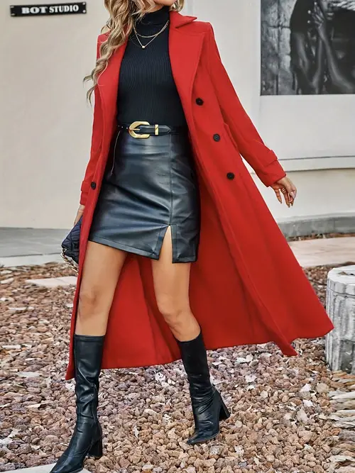 Stylish Double-Breasted Lapel Overcoat - Warm Winter & Fall Essential, Long Sleeve Casual Coat with Classic Design, Soft Fabric, and Comfortable Fit - Women's Clothing for Everyday Wear