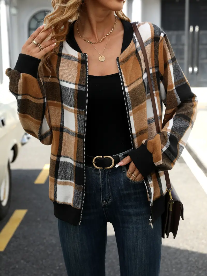 Vibrant Plaid Pattern Zip-Up Jacket - Soft, Breathable, Long Sleeve, Casual, Spring & Fall Essential - Women's Stylish Clothing for Everyday Wear