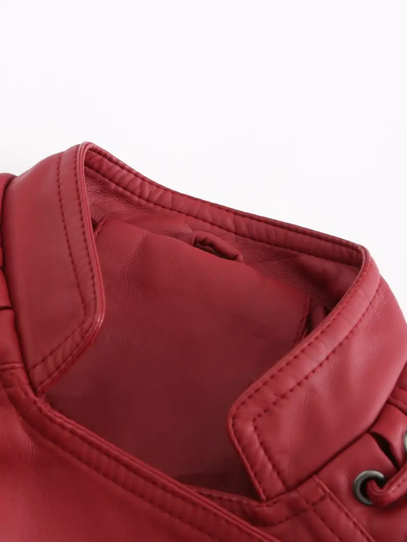 Stylish PU Leather Long Sleeve Zipper Jacket - Water-Resistant, Solid Color, Versatile, and Chic - Perfect for Spring and Fall Seasons, Women's Fashion ClothingRed Leather Jacket