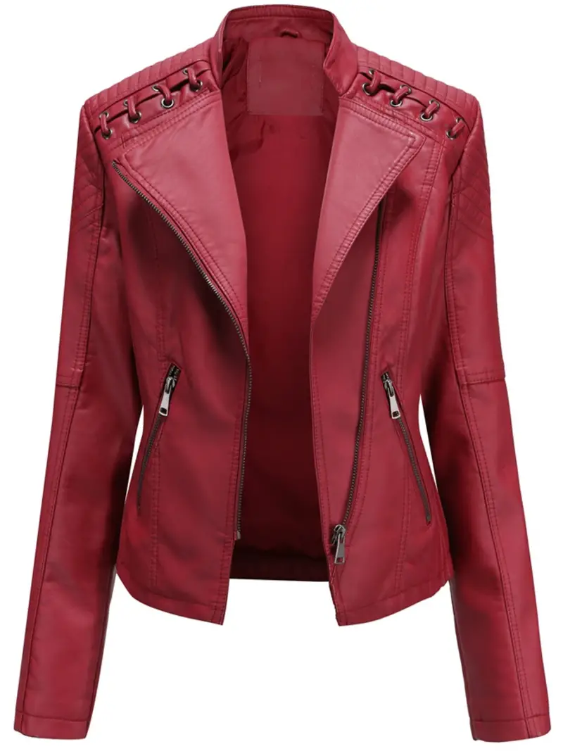 Stylish PU Leather Long Sleeve Zipper Jacket - Water-Resistant, Solid Color, Versatile, and Chic - Perfect for Spring and Fall Seasons, Women's Fashion ClothingRed Leather Jacket