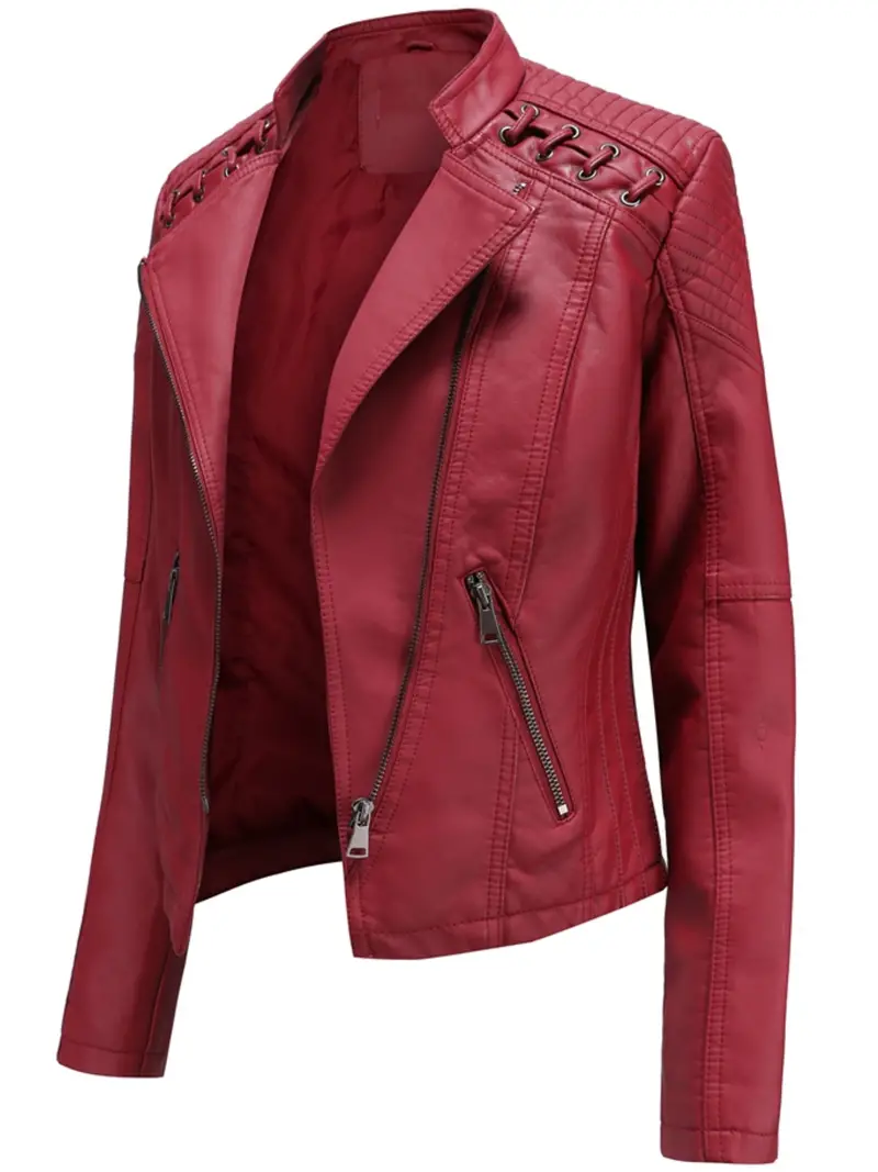 Stylish PU Leather Long Sleeve Zipper Jacket - Water-Resistant, Solid Color, Versatile, and Chic - Perfect for Spring and Fall Seasons, Women's Fashion ClothingRed Leather Jacket