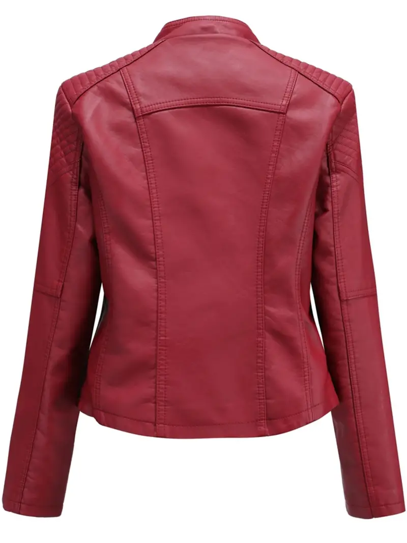 Stylish PU Leather Long Sleeve Zipper Jacket - Water-Resistant, Solid Color, Versatile, and Chic - Perfect for Spring and Fall Seasons, Women's Fashion ClothingRed Leather Jacket