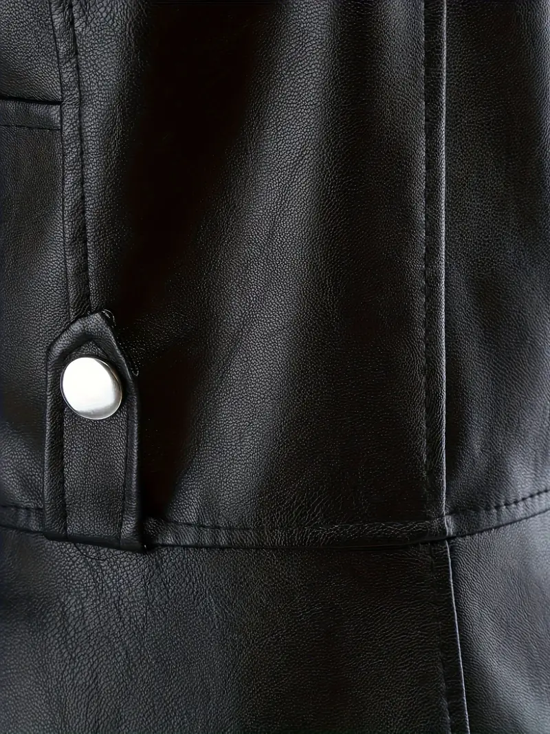 PU Leather Zip Up Bomber Jacket, Street Style Long Sleeve Motorcycle Jacket For Spring & Fall, Women's Clothing