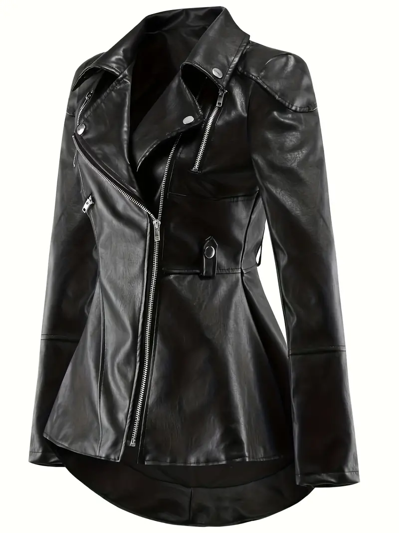 PU Leather Zip Up Bomber Jacket, Street Style Long Sleeve Motorcycle Jacket For Spring & Fall, Women's Clothing