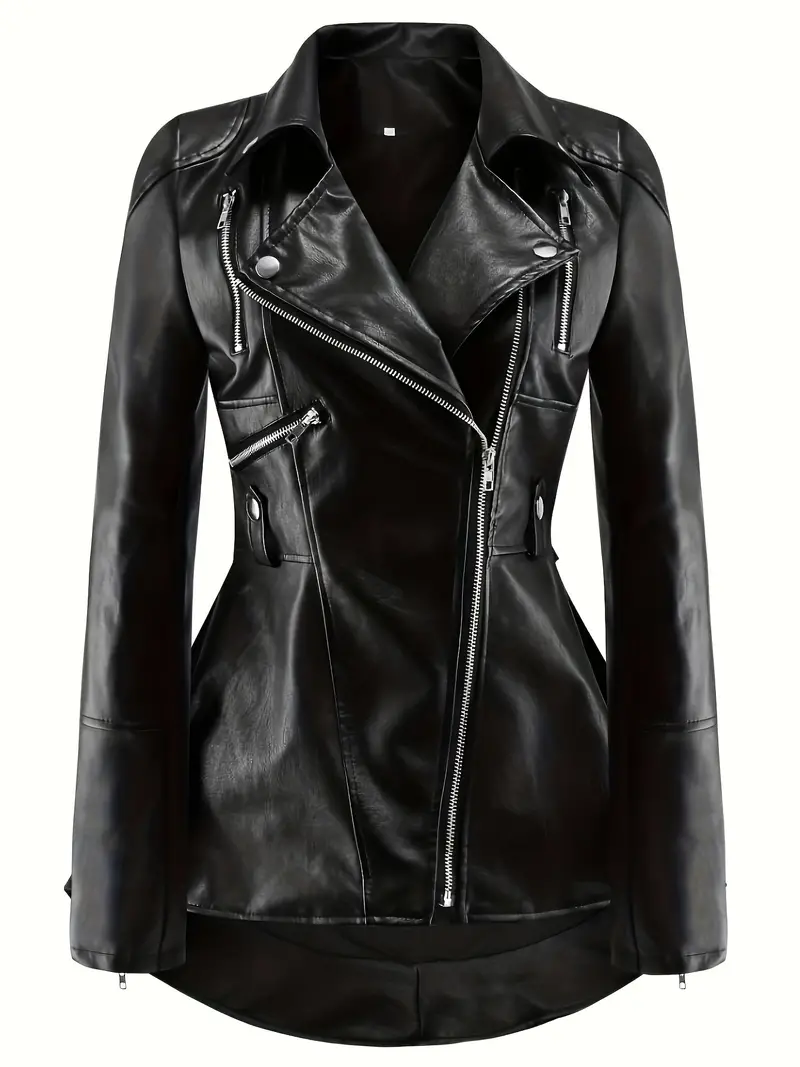 PU Leather Zip Up Bomber Jacket, Street Style Long Sleeve Motorcycle Jacket For Spring & Fall, Women's Clothing