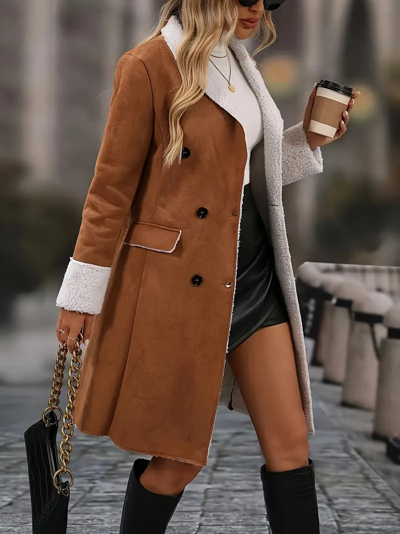 Women's Long Coat, Tom Double-Sided Fleece, Solid Color, Polyester, Regular Sleeve, Long Sleeve, Winter Fashion, Slim Fit, H-Shape, No Belt, No Padding, Open Front, Pseudo Pockets, Woven Fabric