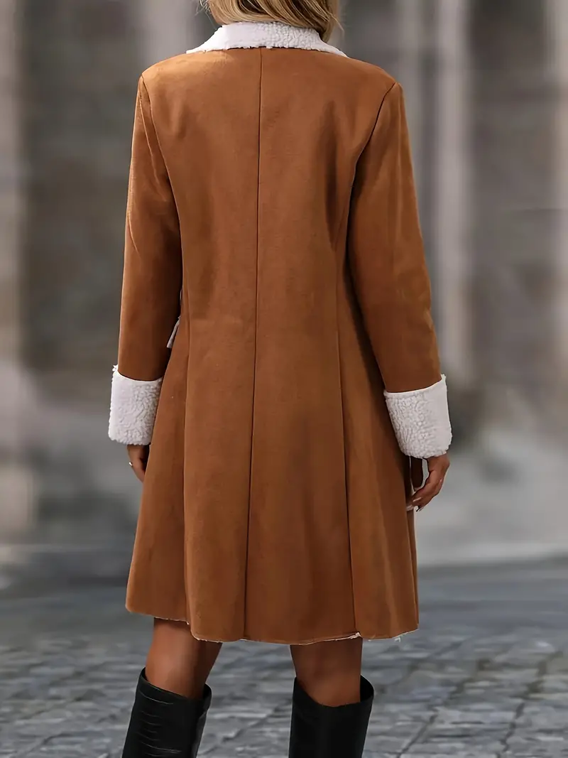 Women's Long Coat, Tom Double-Sided Fleece, Solid Color, Polyester, Regular Sleeve, Long Sleeve, Winter Fashion, Slim Fit, H-Shape, No Belt, No Padding, Open Front, Pseudo Pockets, Woven Fabric