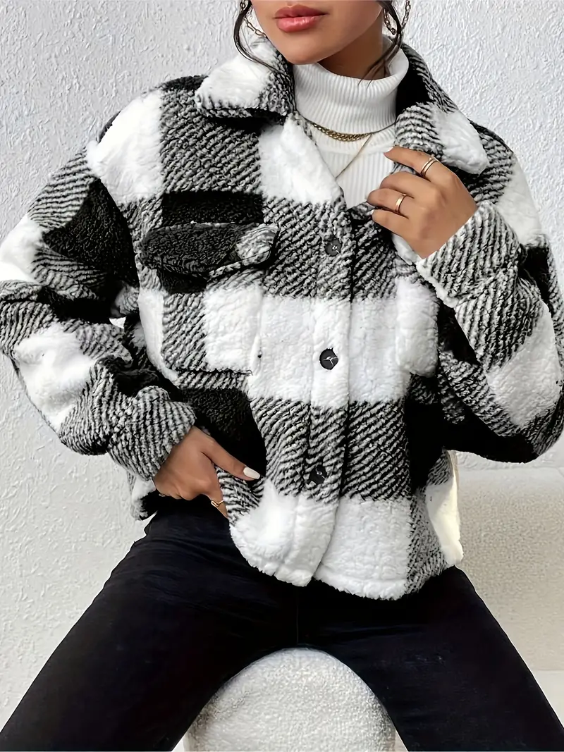 Cozy Plaid Teddy Coat with Button Front - Long Sleeve, Flap Pocket, Casual Chic Design for Fall & Winter - Womens Warm Clothing for Everyday Wear