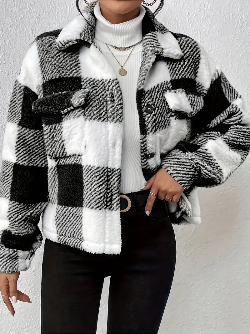 Cozy Plaid Teddy Coat with Button Front - Long Sleeve, Flap Pocket, Casual Chic Design for Fall & Winter - Womens Warm Clothing for Everyday Wear