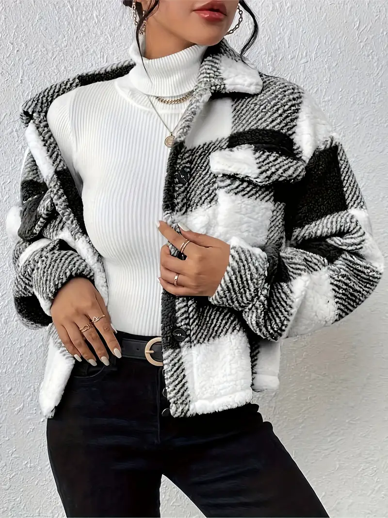 Cozy Plaid Teddy Coat with Button Front - Long Sleeve, Flap Pocket, Casual Chic Design for Fall & Winter - Womens Warm Clothing for Everyday Wear