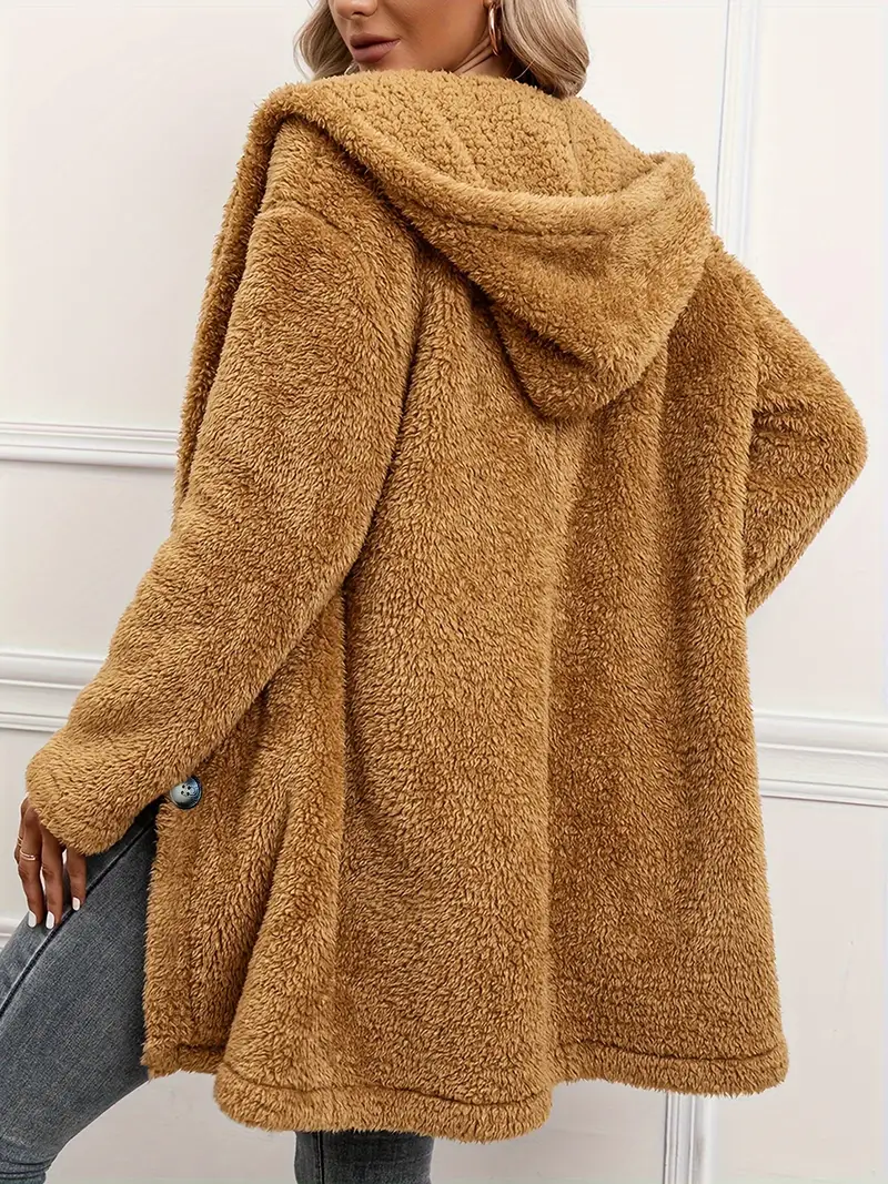 Fuzzy Button Front Hooded Coat, Casual Solid Long Sleeve Warm Outerwear, Women's Clothing