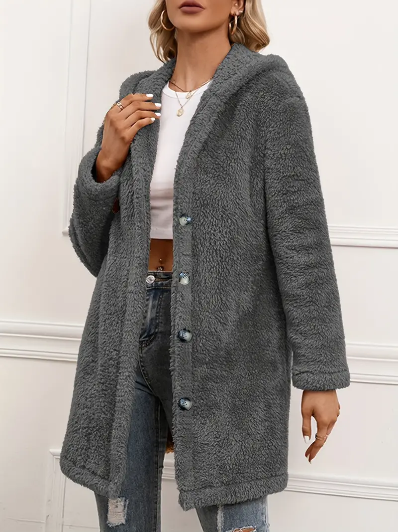 Fuzzy Button Front Hooded Coat, Casual Solid Long Sleeve Warm Outerwear, Women's Clothing