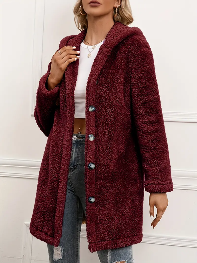 Fuzzy Button Front Hooded Coat, Casual Solid Long Sleeve Warm Outerwear, Women's Clothing