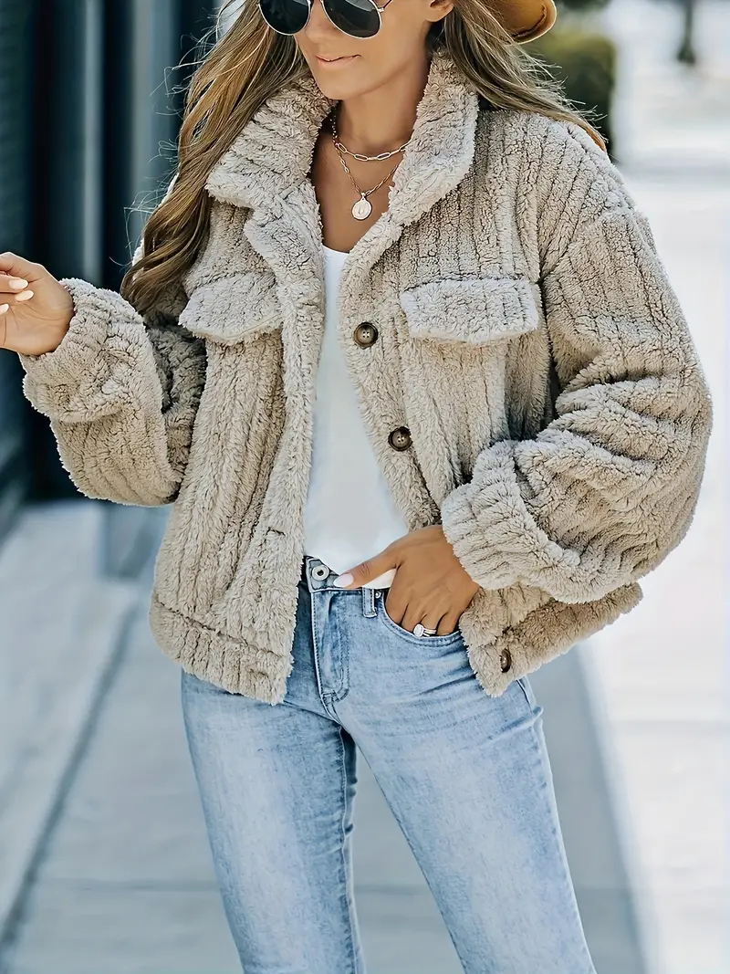 Cozy Women's Fuzzy Coat, Long Sleeve Warm Outerwear with Textured Button Front Flap Detail for Fall & Winter